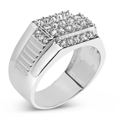 Close-up angle of a white metal ring with a square top featuring multiple round white gemstones in prong settings and additional gemstones along the band edges.