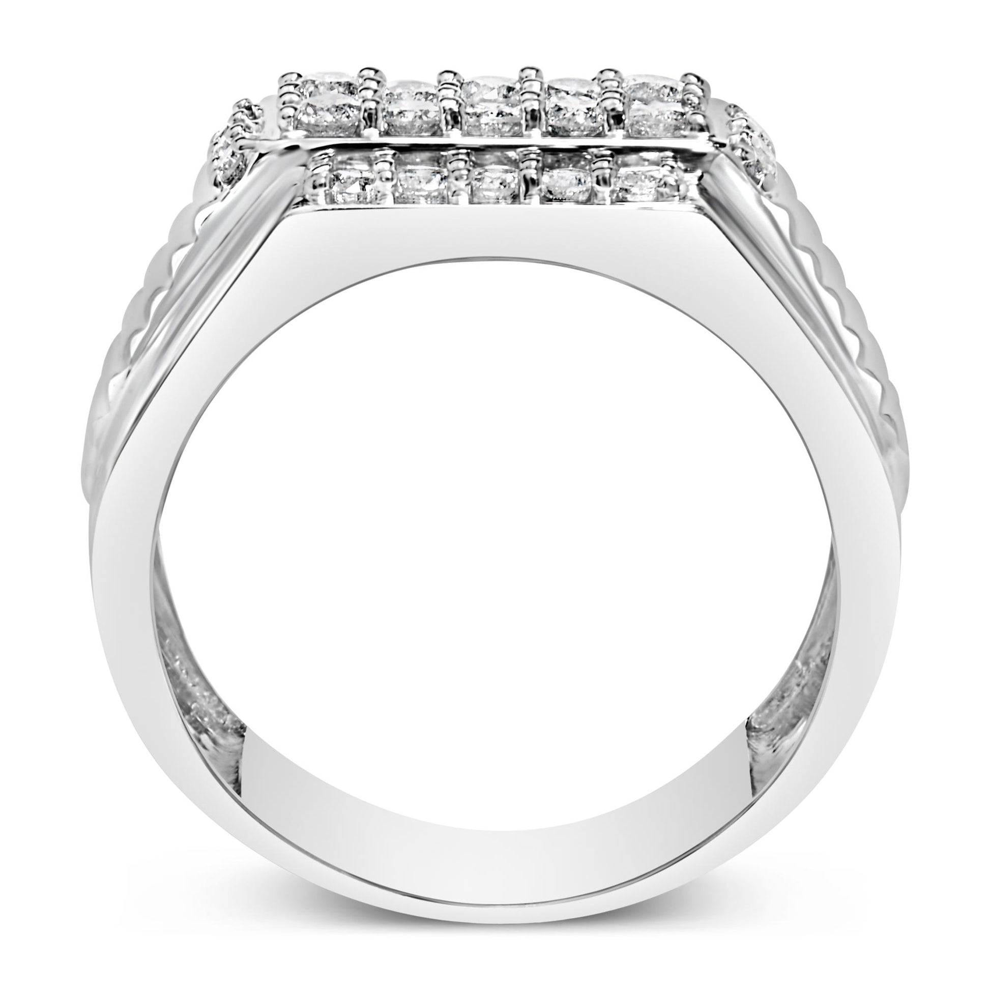 Front-facing close-up of a white metal ring with two rows of round white gemstones in prong settings along the top and sides.