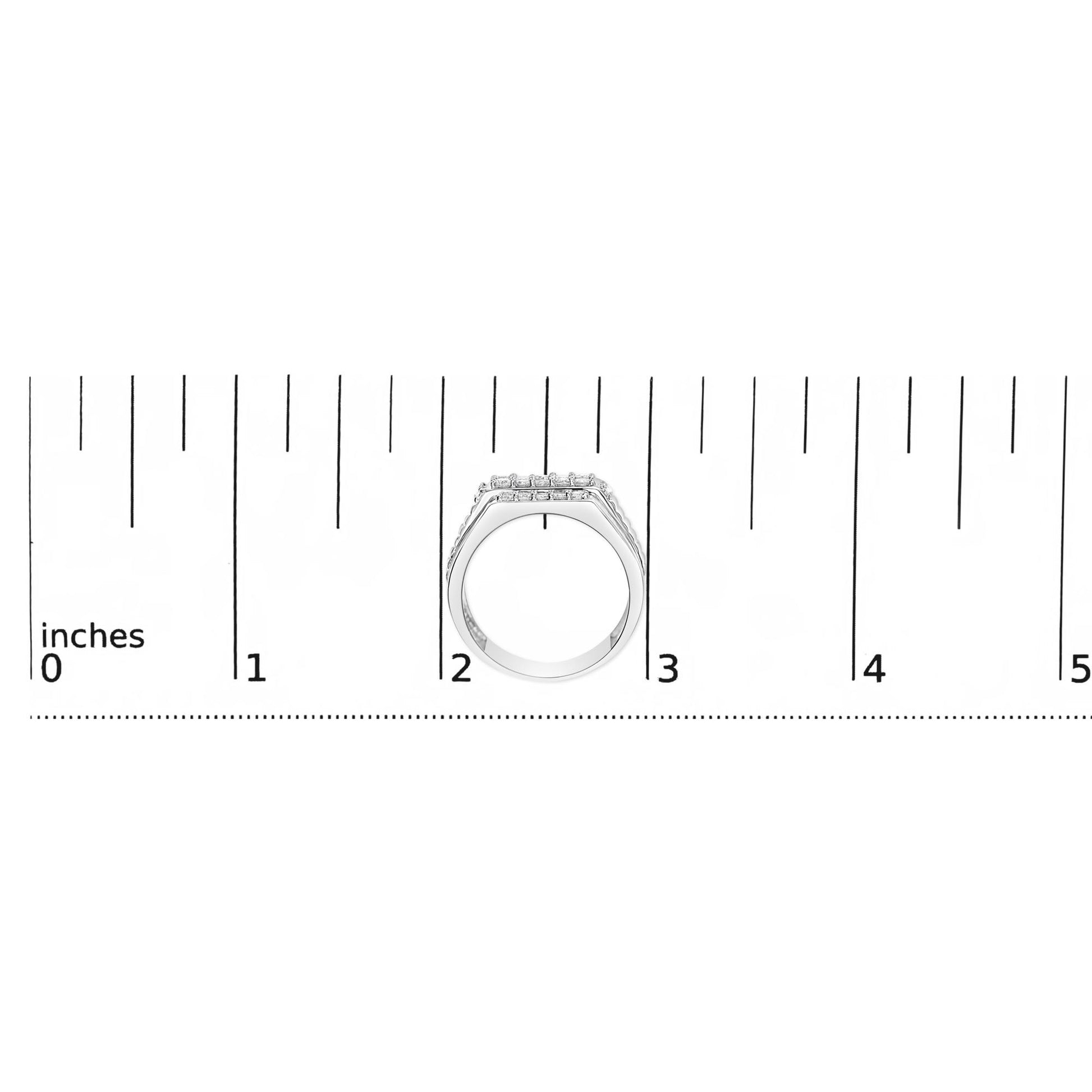 White metal ring with two rows of round white gemstones in prong settings, shown from the side on a scale.