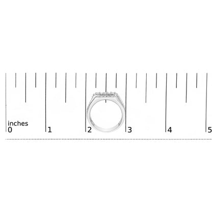 White metal ring with two rows of round white gemstones in prong settings, shown from the side on a scale.