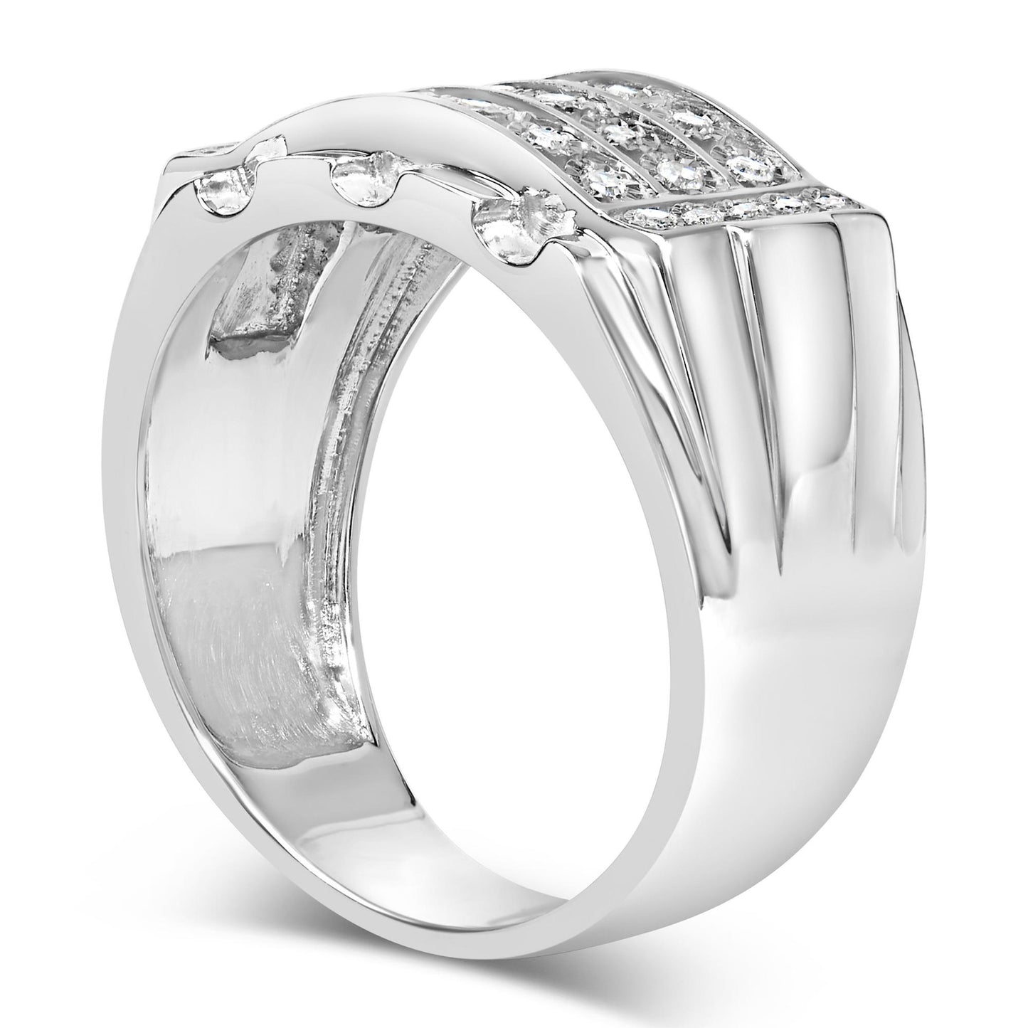 White metal ring shown at an angled side view with round white gemstones in miracle and channel settings on the upper half.