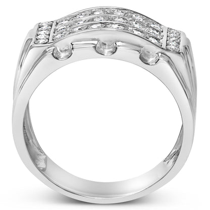 Front-angle view of a white-colored metal ring featuring two rows of round white gemstones in a channel setting, flanked by additional round white gemstones in a miracle setting along the top edges.