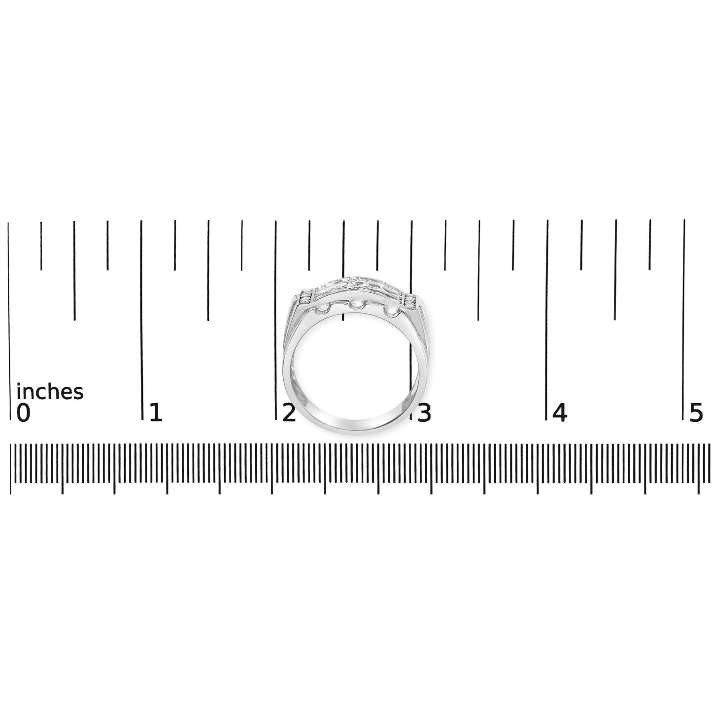 White metal ring with round white gemstones in miracle and channel settings, shown from the front on a ruler for size reference.