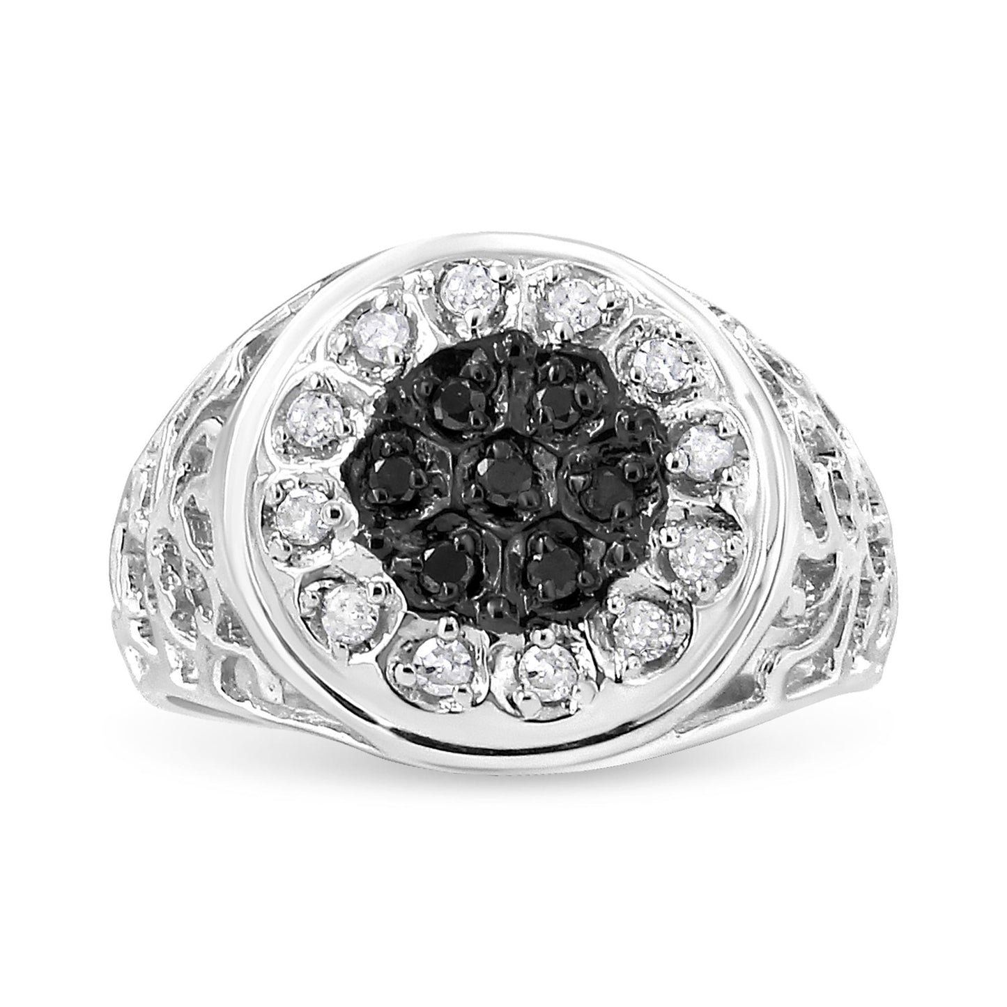 Front angle view of a white metal ring featuring round black gemstones in the center surrounded by round white gemstones, all in prong settings, with detailed band sides.