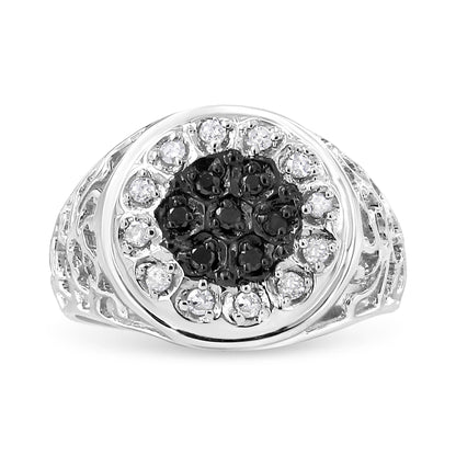 Front angle view of a white metal ring featuring round black gemstones in the center surrounded by round white gemstones, all in prong settings, with detailed band sides.