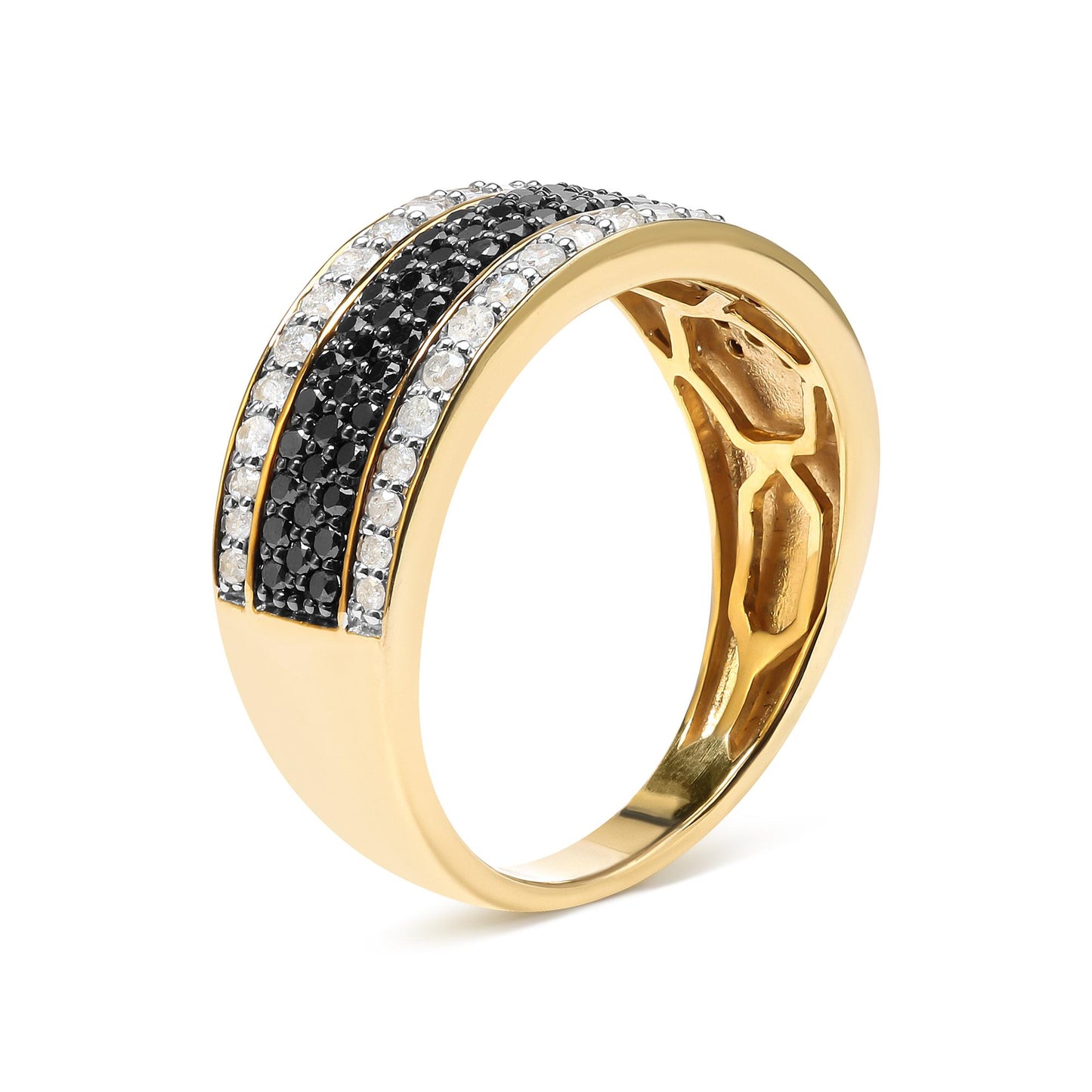 Yellow metal ring with three rows of round prong-set gemstones, two rows of white gemstones flanking a center row of black gemstones, shown at a slight side angle.