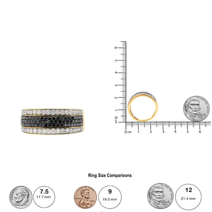 Yellow ring with multiple rows of prong-set round white and black gemstones, shown in front view and side view on a scale with size comparison coins.