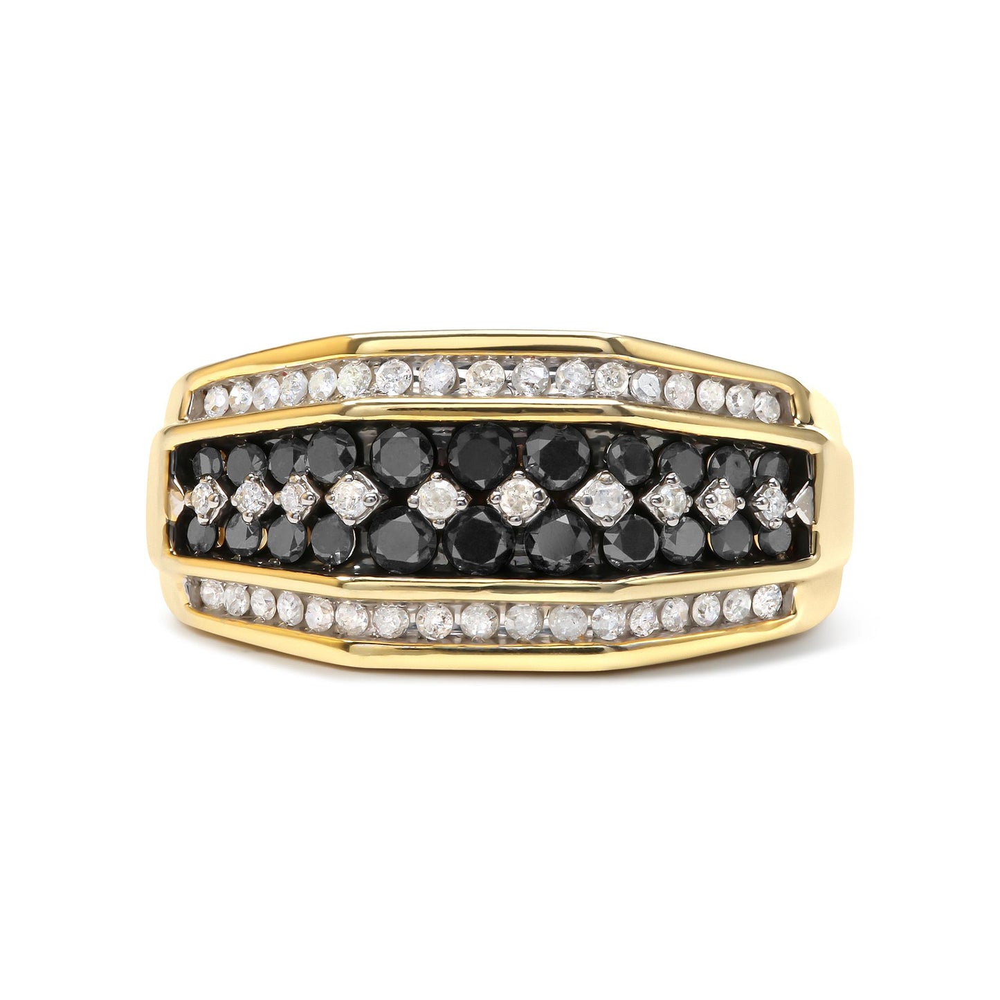Front-facing shot of a yellow ring featuring rows of prong-set round black and white gemstones.