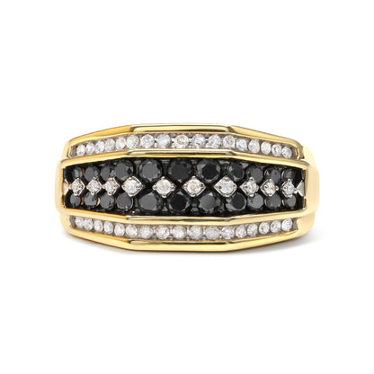 Front-facing shot of a yellow ring featuring rows of prong-set round black and white gemstones.