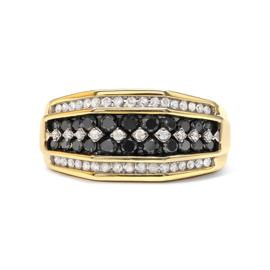 Front-facing shot of a yellow ring featuring rows of prong-set round black and white gemstones.