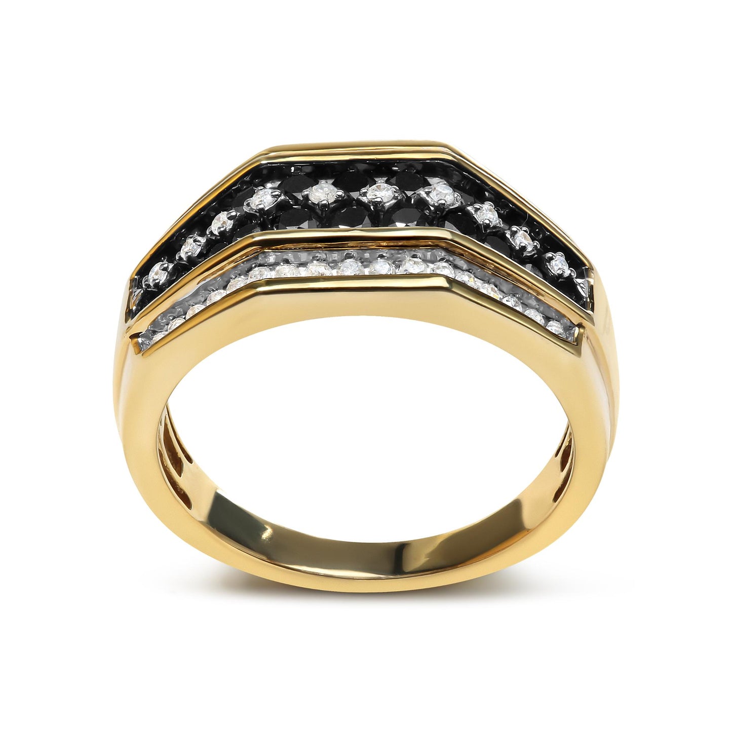 Close-up front view of a yellow metal ring featuring rows of prong-set round black and white gemstones on the top.