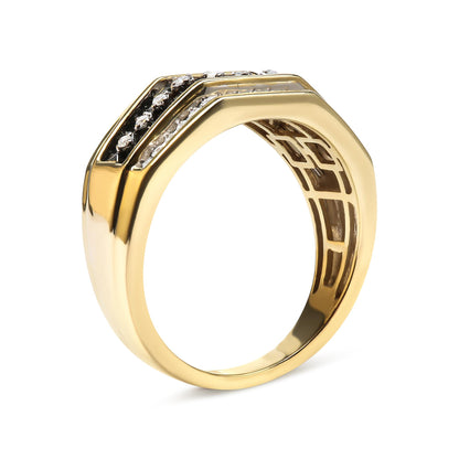 Yellow ring shown at an angled side view, featuring raised sections set with rows of black and white round gemstones in prong settings.