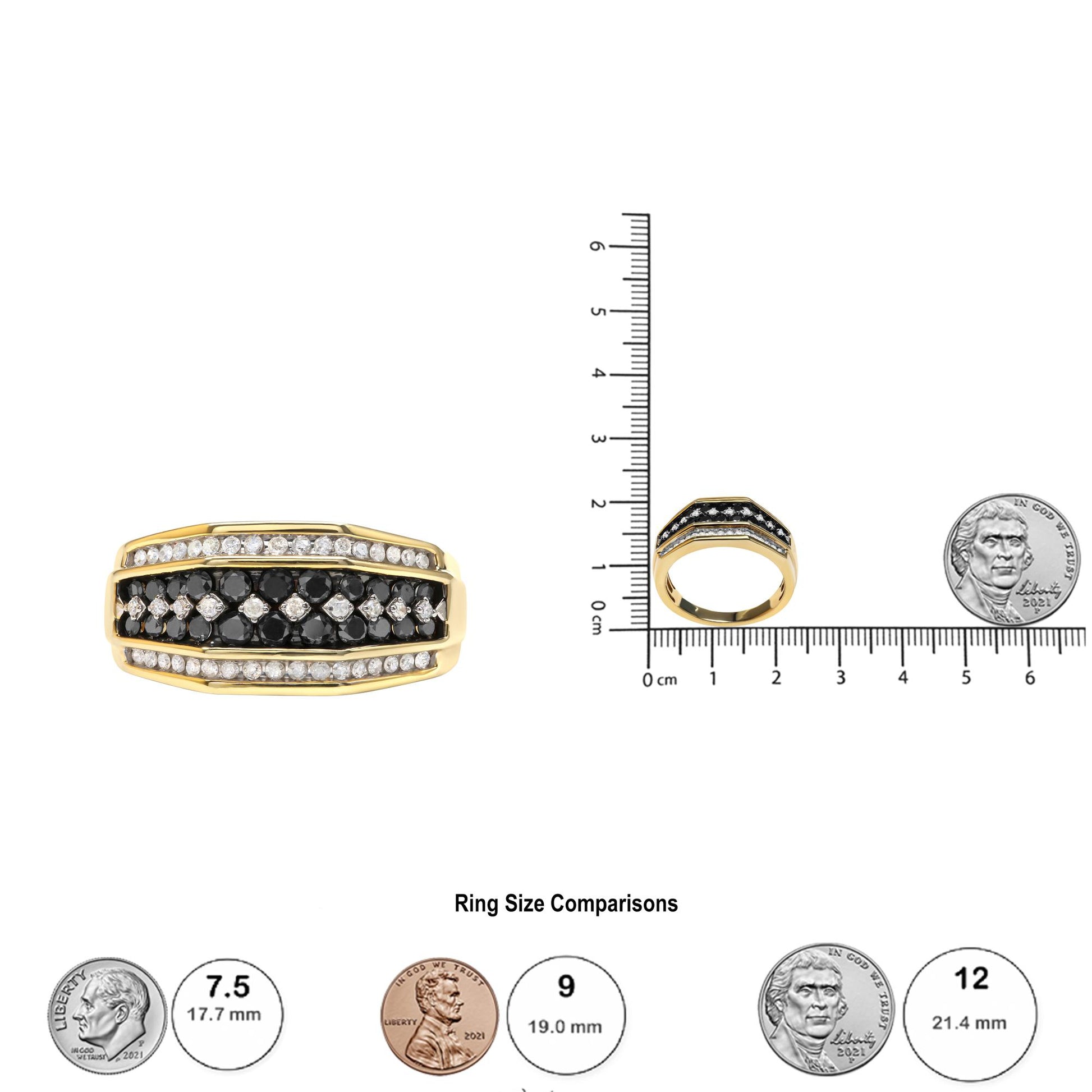 Top-down and angled side view of a yellow metal ring with rows of prong-set round black and white gemstones, displayed next to a ruler and coins for size reference.