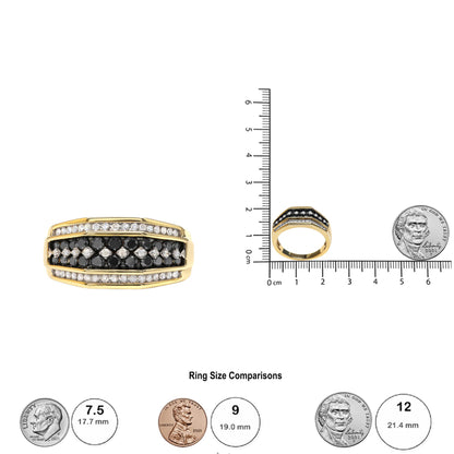 Top-down and angled side view of a yellow metal ring with rows of prong-set round black and white gemstones, displayed next to a ruler and coins for size reference.