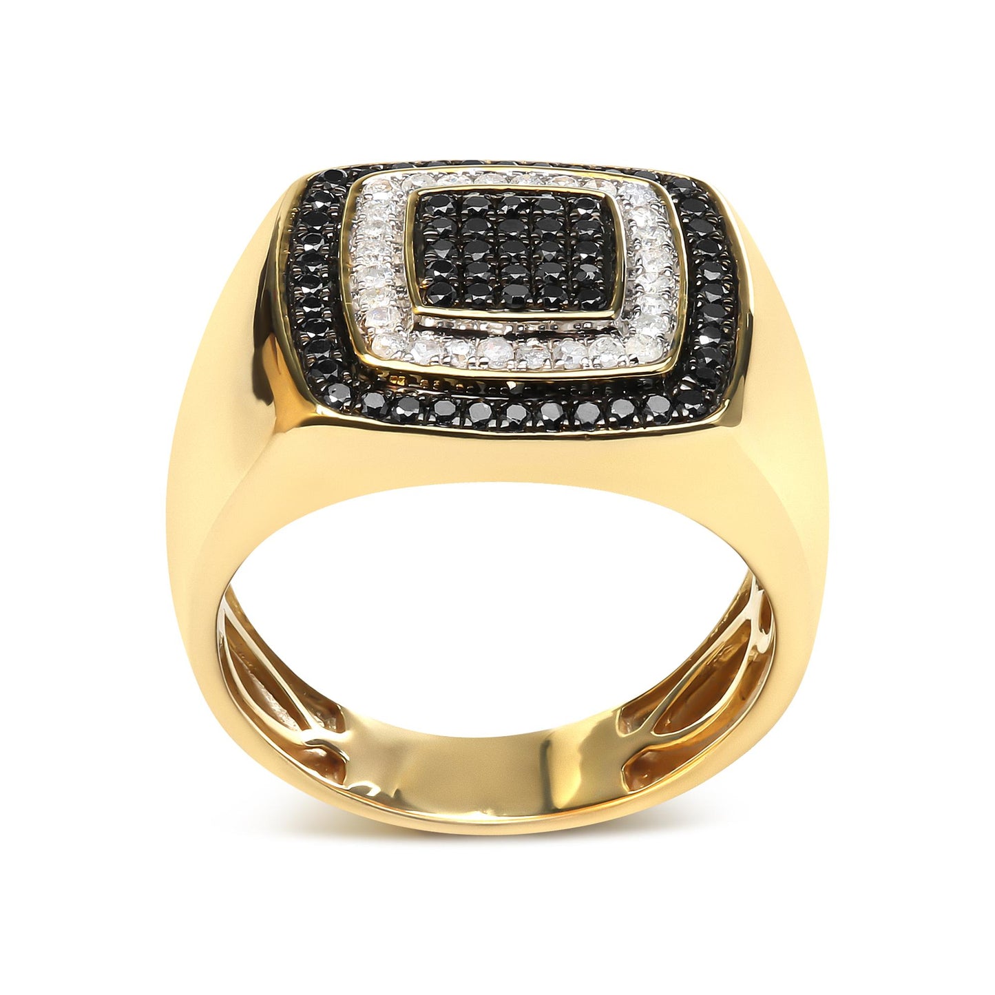 Front angled view of a yellow ring featuring square-shaped top adorned with alternating rows of round black and white gemstones in prong settings.