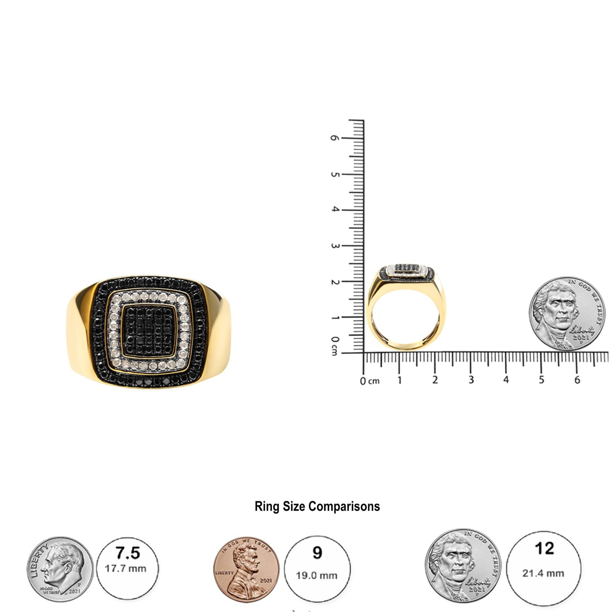 Front and side views of a yellow metal ring with concentric square patterns of prong-set black and white round gemstones, shown next to a ruler and coin for size reference.