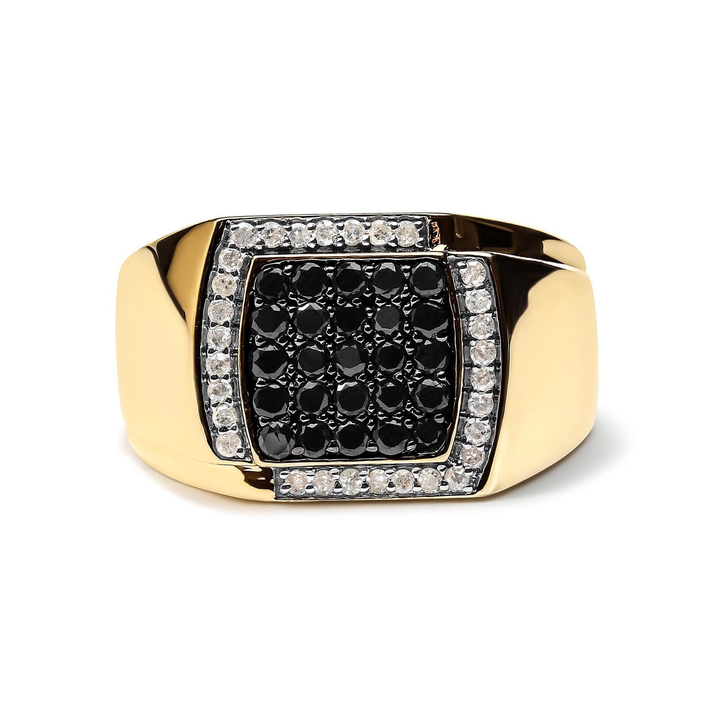 Close-up front view of a yellow ring with a square top featuring clustered round black gemstones surrounded by a border of round white gemstones in prong settings.