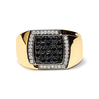 Close-up front view of a yellow ring with a square top featuring clustered round black gemstones surrounded by a border of round white gemstones in prong settings.