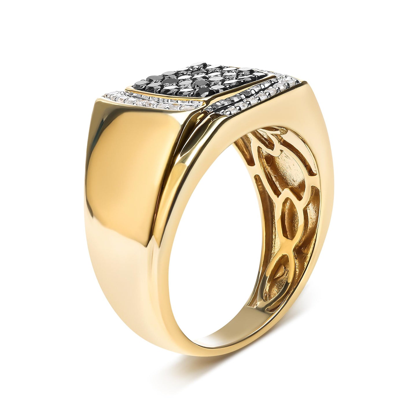 Yellow metal ring shown at a slight angle, featuring a square top with clusters of round black and white gemstones in prong settings.