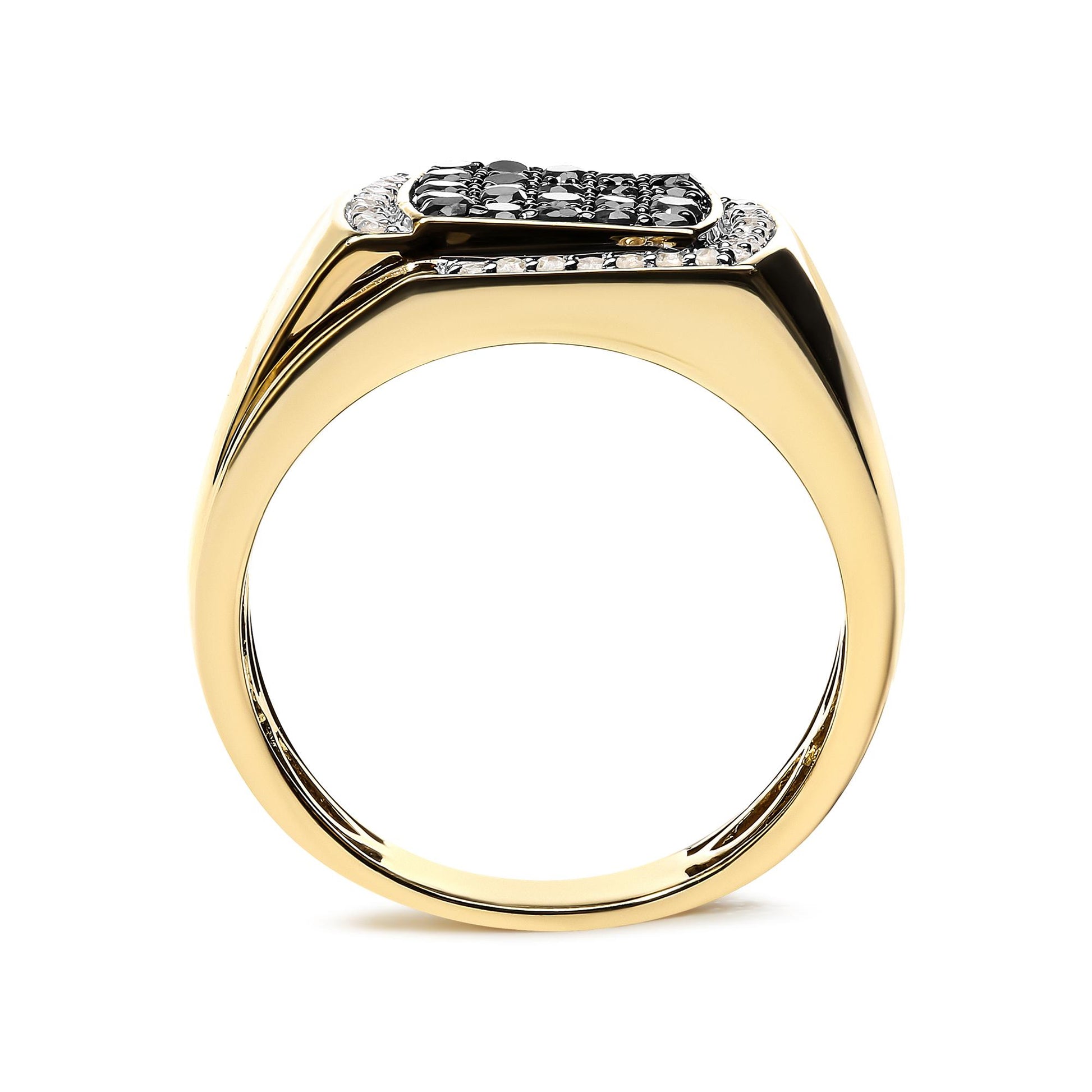 Yellow metal ring shown from a side angle featuring a rectangular top with round black and white gemstones in prong settings.