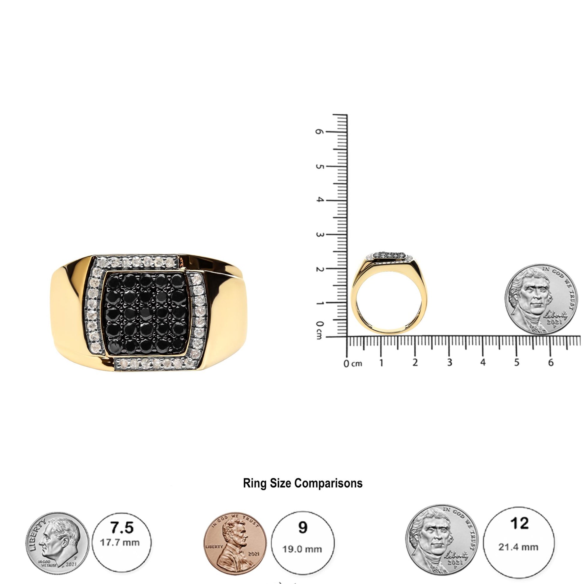 Front and side views of a yellow ring shown on a scale, featuring a square cluster of black round gemstones bordered by two rows of white round gemstones, all set in prongs.