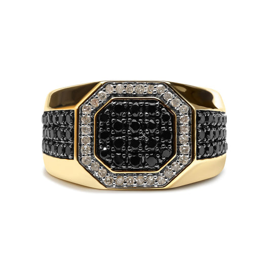 Close-up front view of a yellow ring featuring an octagonal center with multiple black gemstones surrounded by a border of white gemstones, and three rows of black gemstones on each side of the band.