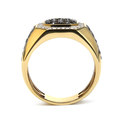 Yellow metal ring with black and white round gemstones set in prongs, shown from the side angle.