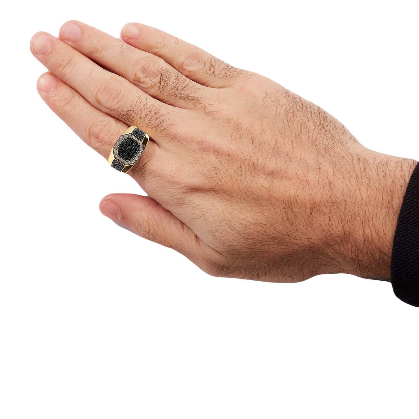 Close-up side angle of a yellow ring with multiple black round gemstones and white round gemstones in prong settings, worn on a model's finger.