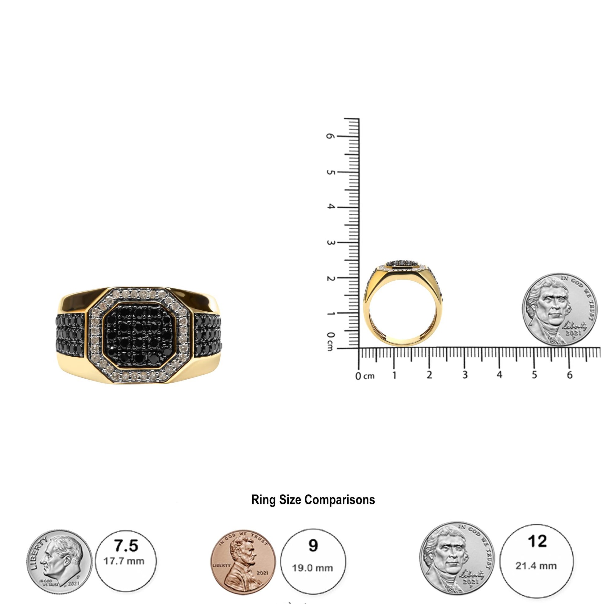 Yellow ring with a wide band, featuring multiple round black gemstones in prong settings on the top and sides, surrounded by round white gemstones in prong settings on the top. Shown from a front and side angle on a scale with coins for size comparison.