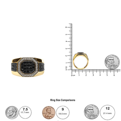 Yellow ring with a wide band, featuring multiple round black gemstones in prong settings on the top and sides, surrounded by round white gemstones in prong settings on the top. Shown from a front and side angle on a scale with coins for size comparison.