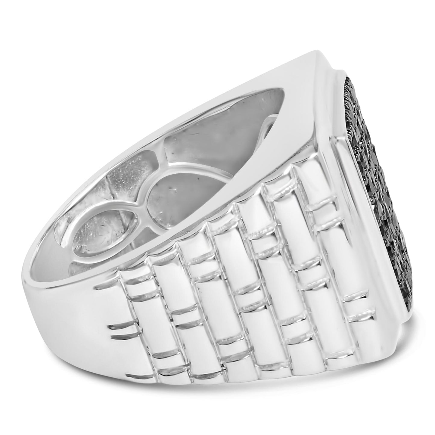 Close-up side angled view of a white metal ring featuring a textured band design and a top surface paved with small round black gemstones in prong settings.
