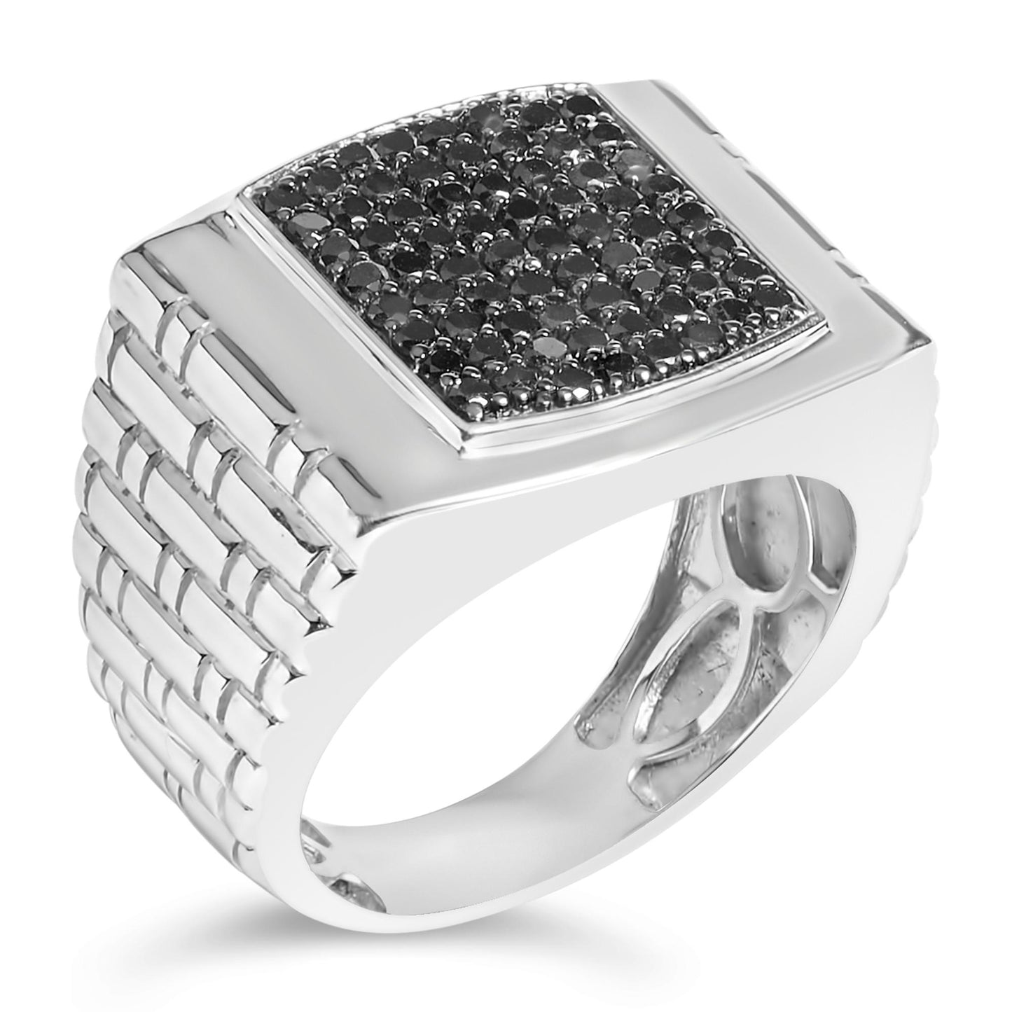 Close-up front angled view of a white metal ring with a square top surface set with multiple round black gemstones in prong settings, featuring a textured band.