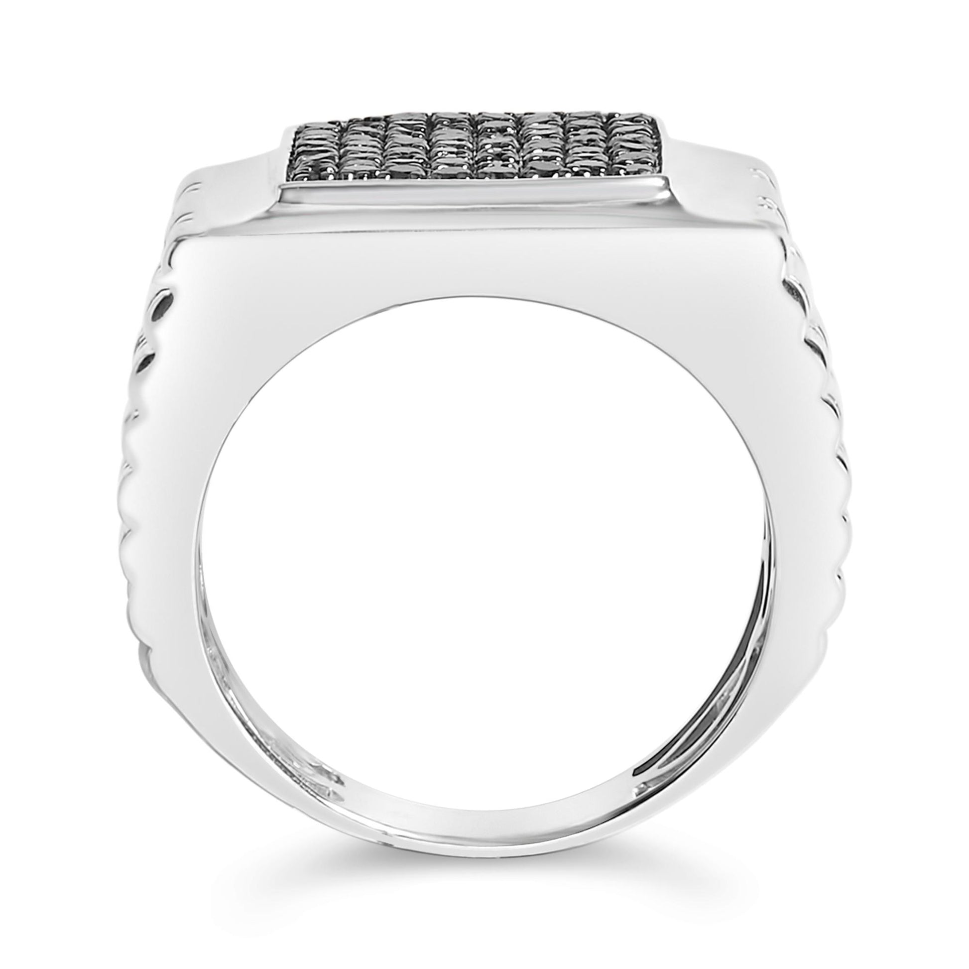 Close-up side view of a white ring with a square top paved with multiple small round black gemstones in prong setting.