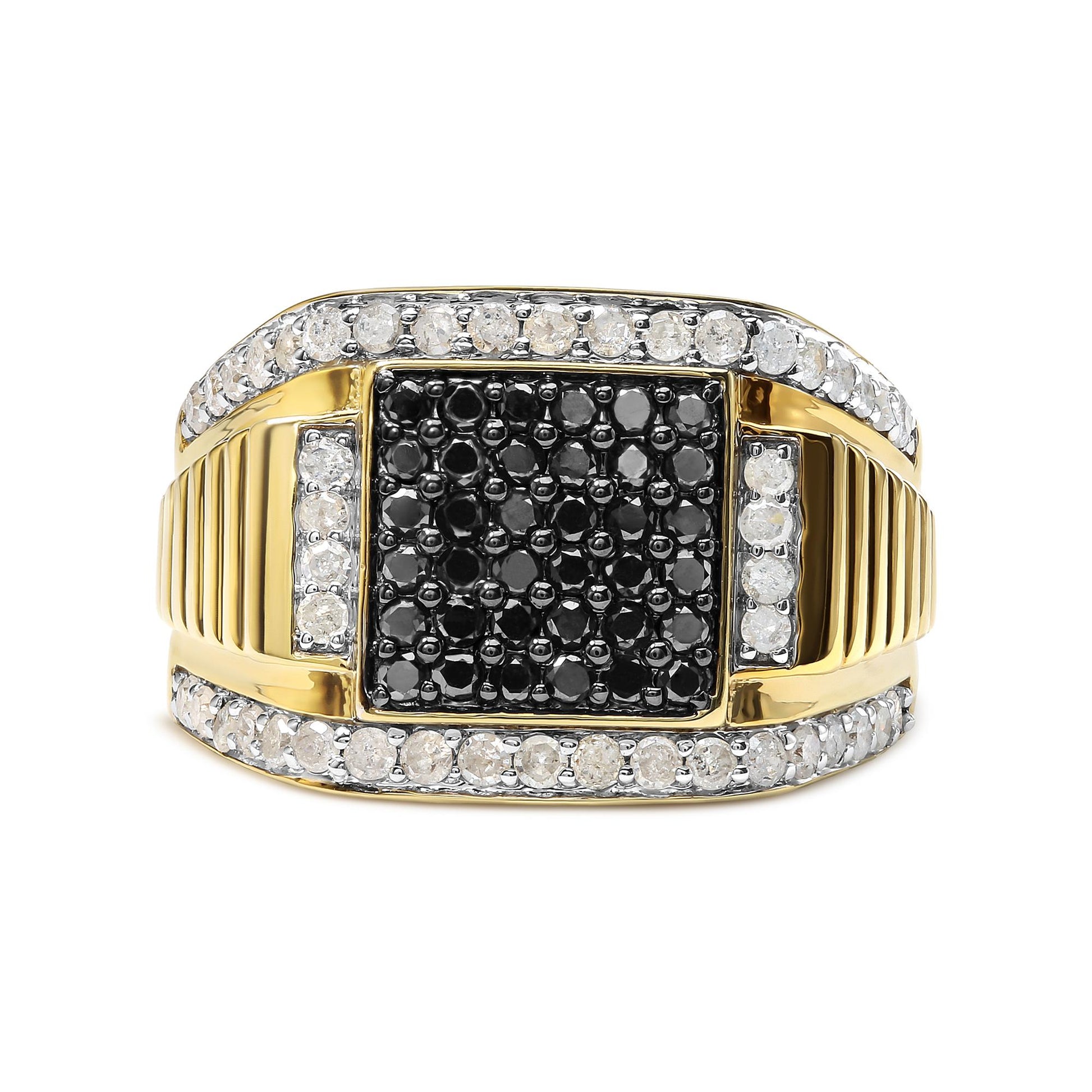 Front-facing view of a yellow ring featuring a central square cluster of black gemstones surrounded by rows of white gemstones along the top and bottom edges and smaller vertical rows on either side.