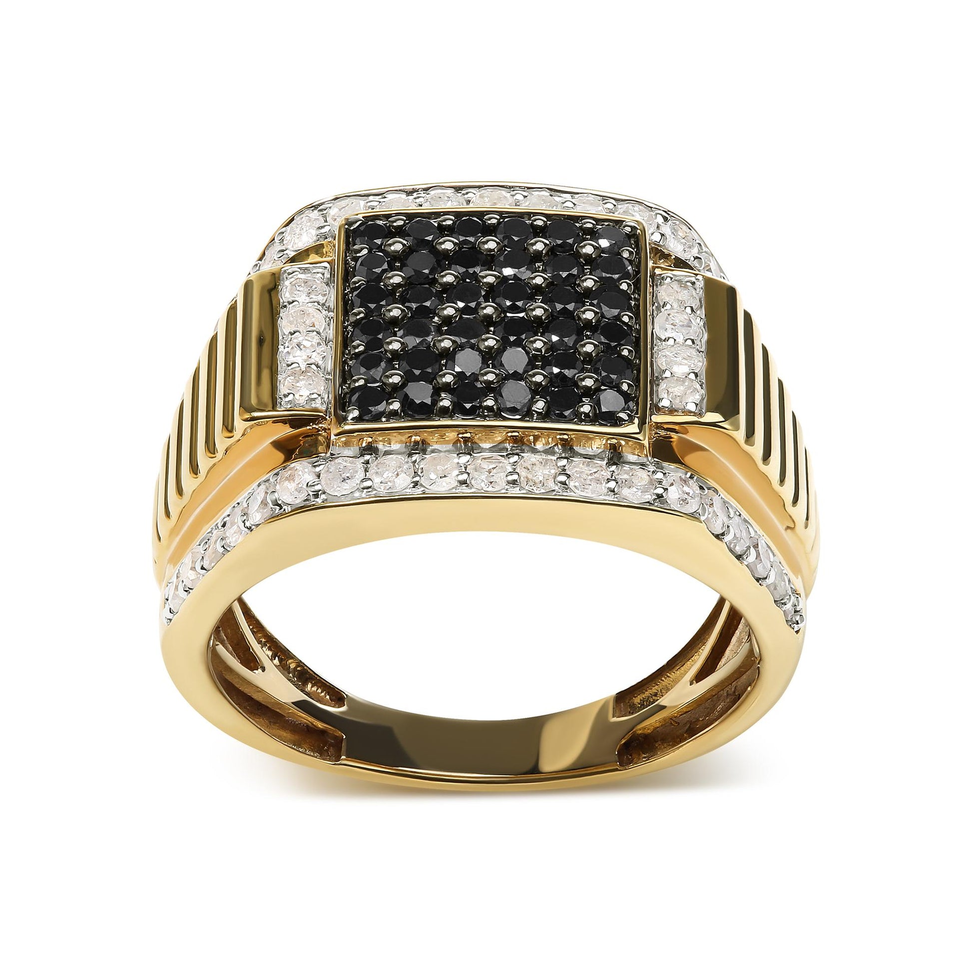 Front angle view of a yellow metal ring with a rectangular cluster of black round gemstones in prong settings, bordered by rows of white round gemstones in prong settings along the top and sides.