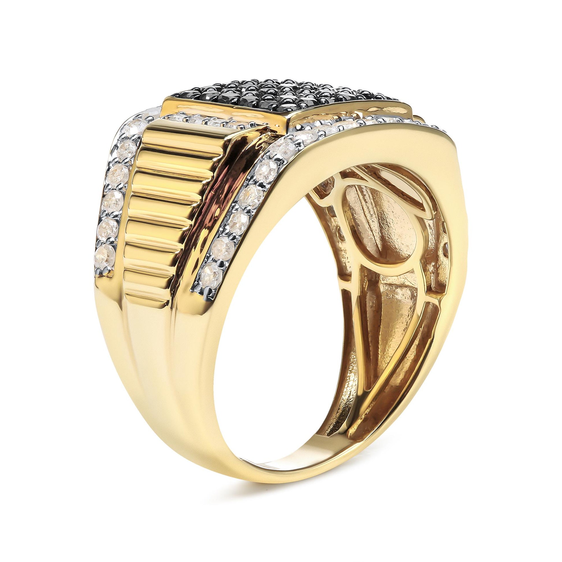 Yellow metal ring with rows of prong-set round white and black gemstones on top and sides, shown at a slight angle.