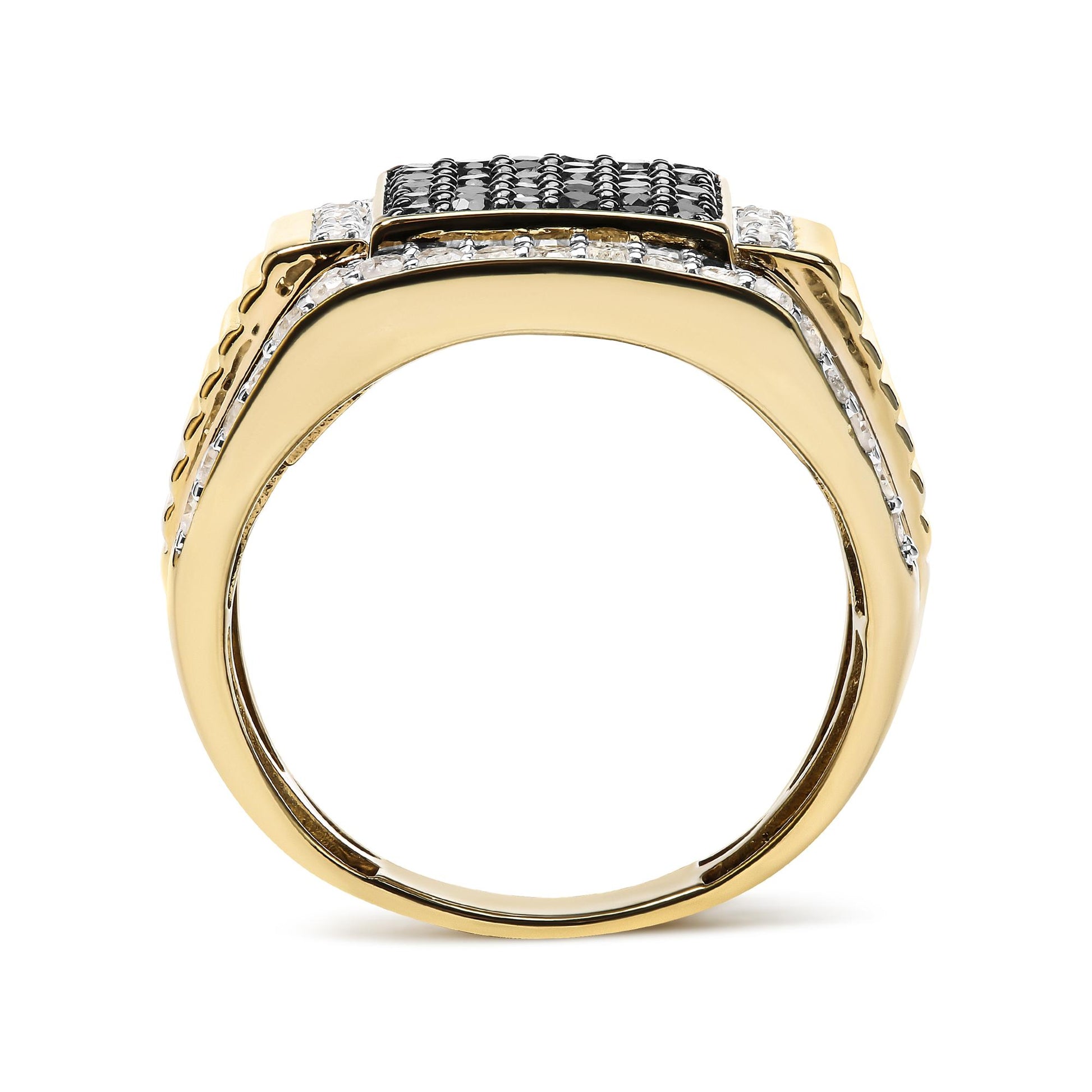 Yellow metal ring with rows of white and black round gemstones in prong settings, shown from a side angle.