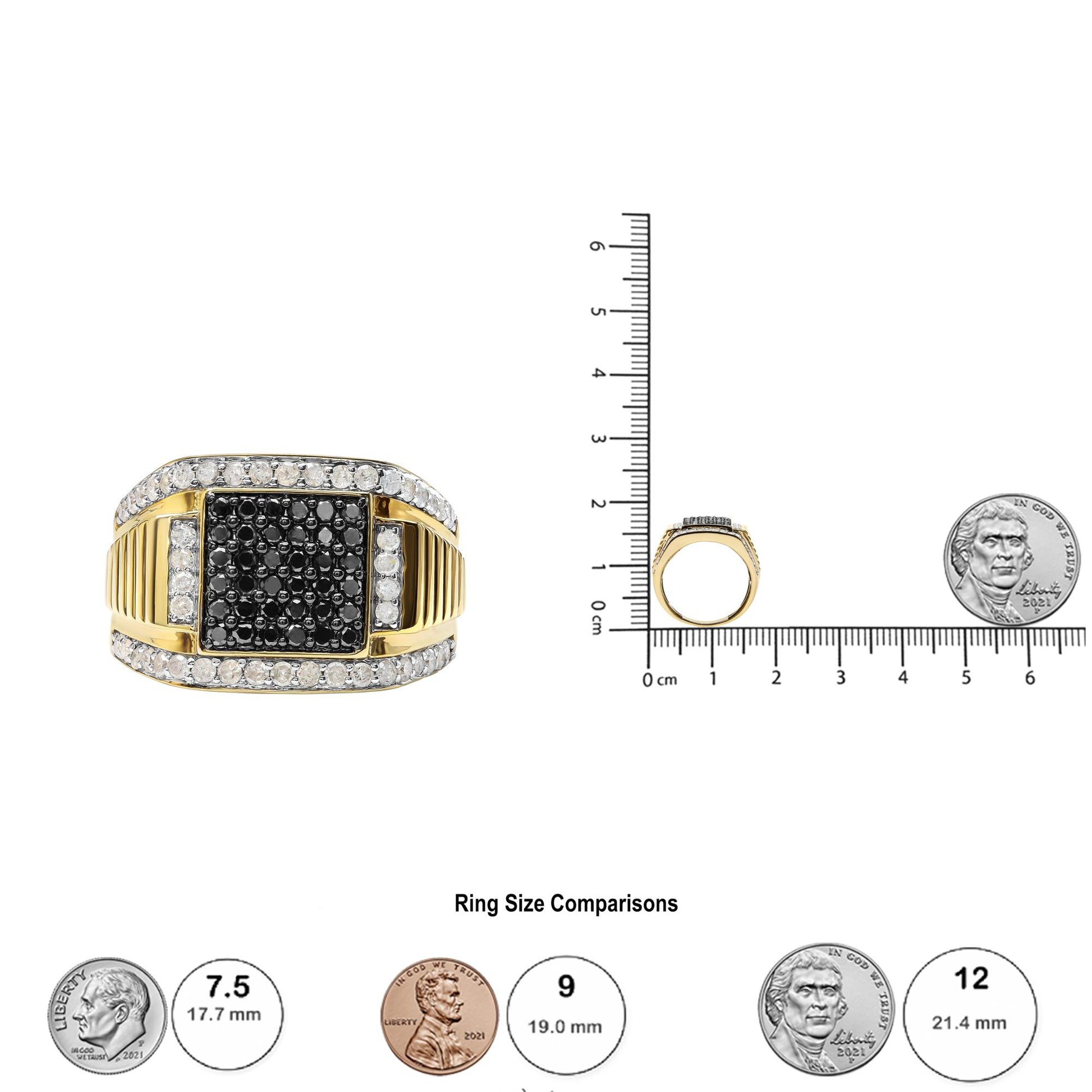 Front and side view of a yellow metal ring with prong-set round white and black gemstones, shown on a ruler for size reference.