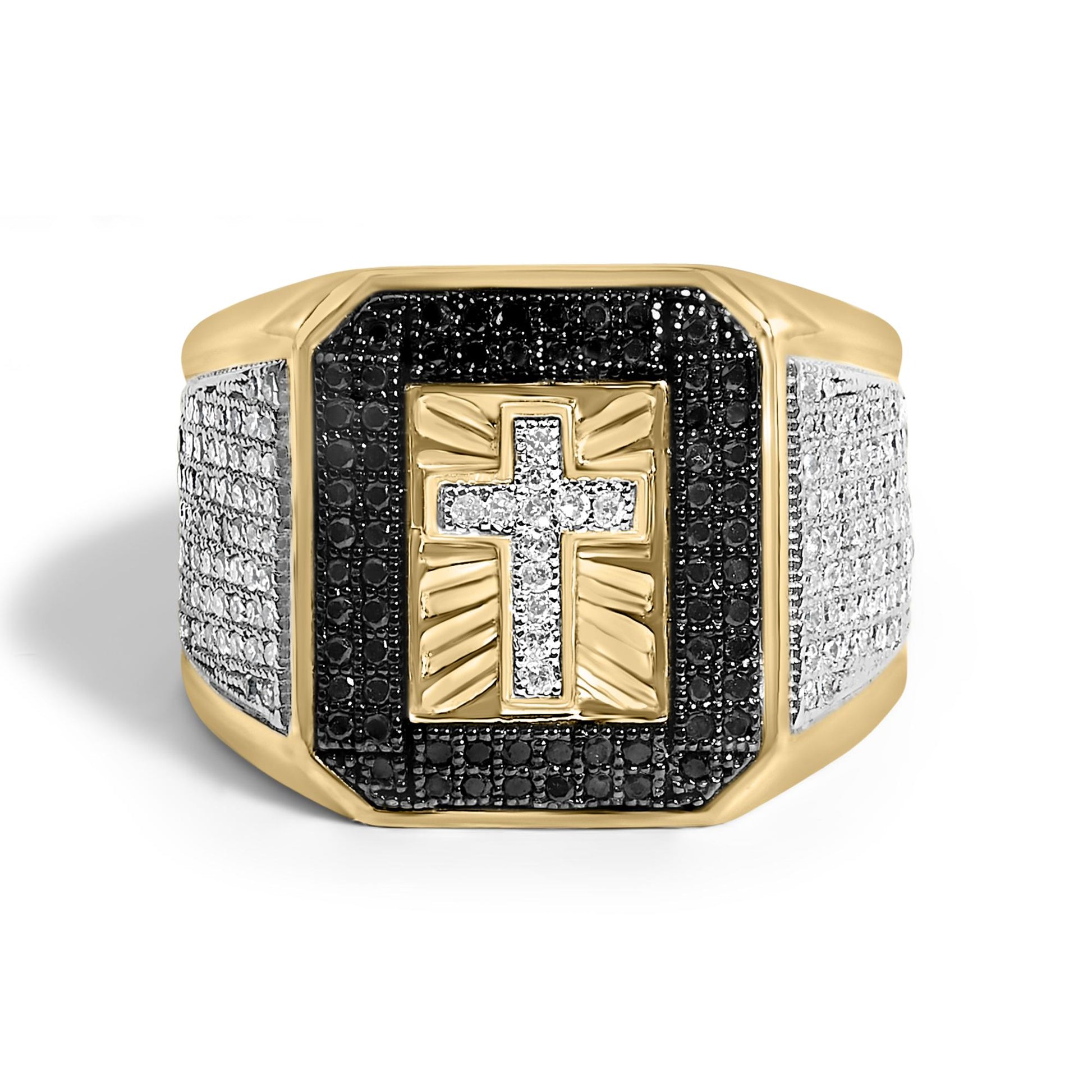 Men's 10K Yellow Gold 1 1/2 Cttw White and Black Diamond Cross Signet Ring