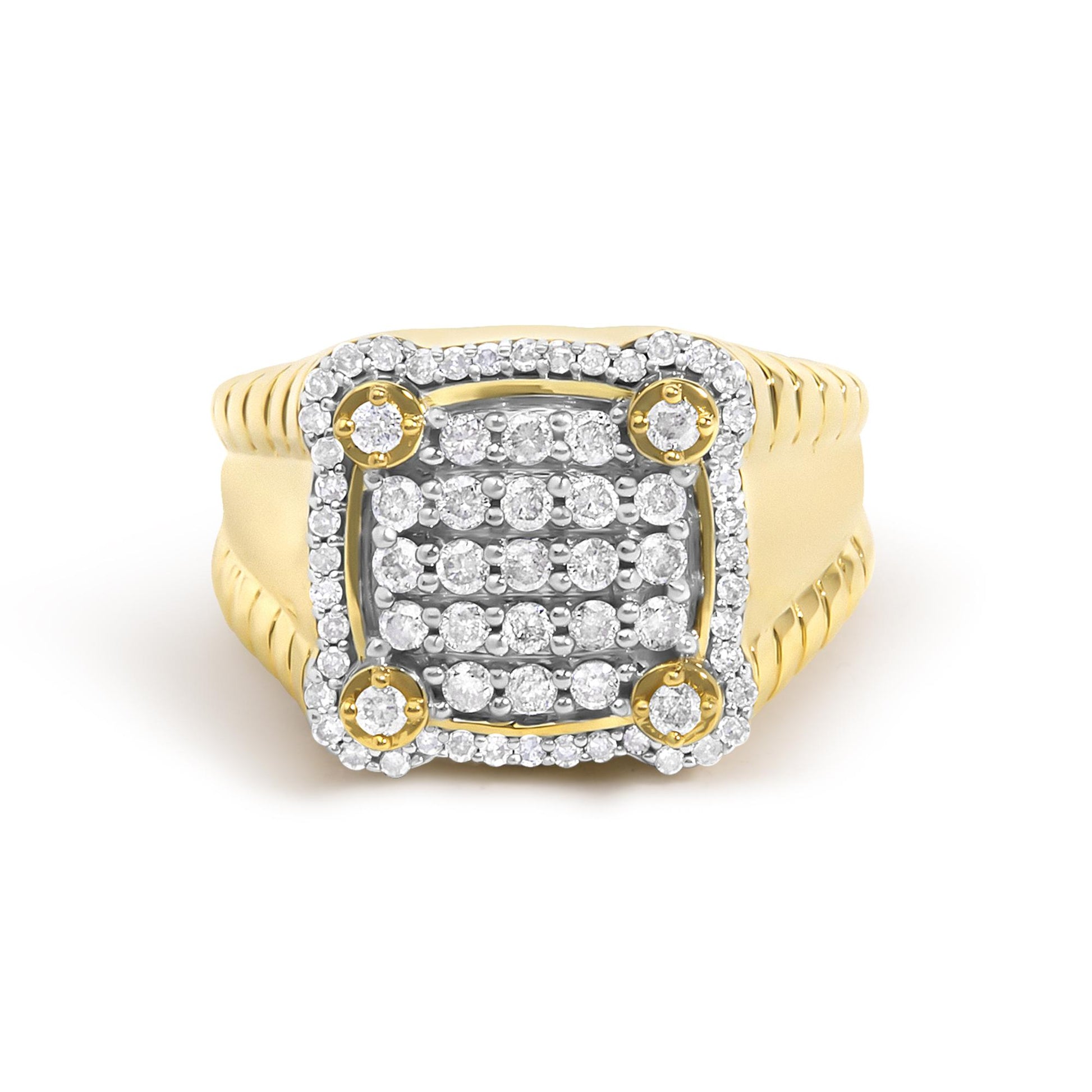 Close-up front angle of a yellow metal ring with multiple round white gemstones in prong settings arranged in a rectangular cluster on top.
