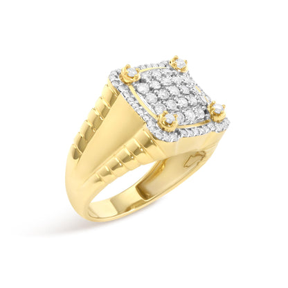 Close-up angled view of a yellow ring featuring a square cluster of white round gemstones with prong settings, surrounded by an additional row of white round gemstones with prong settings on top of a textured band.