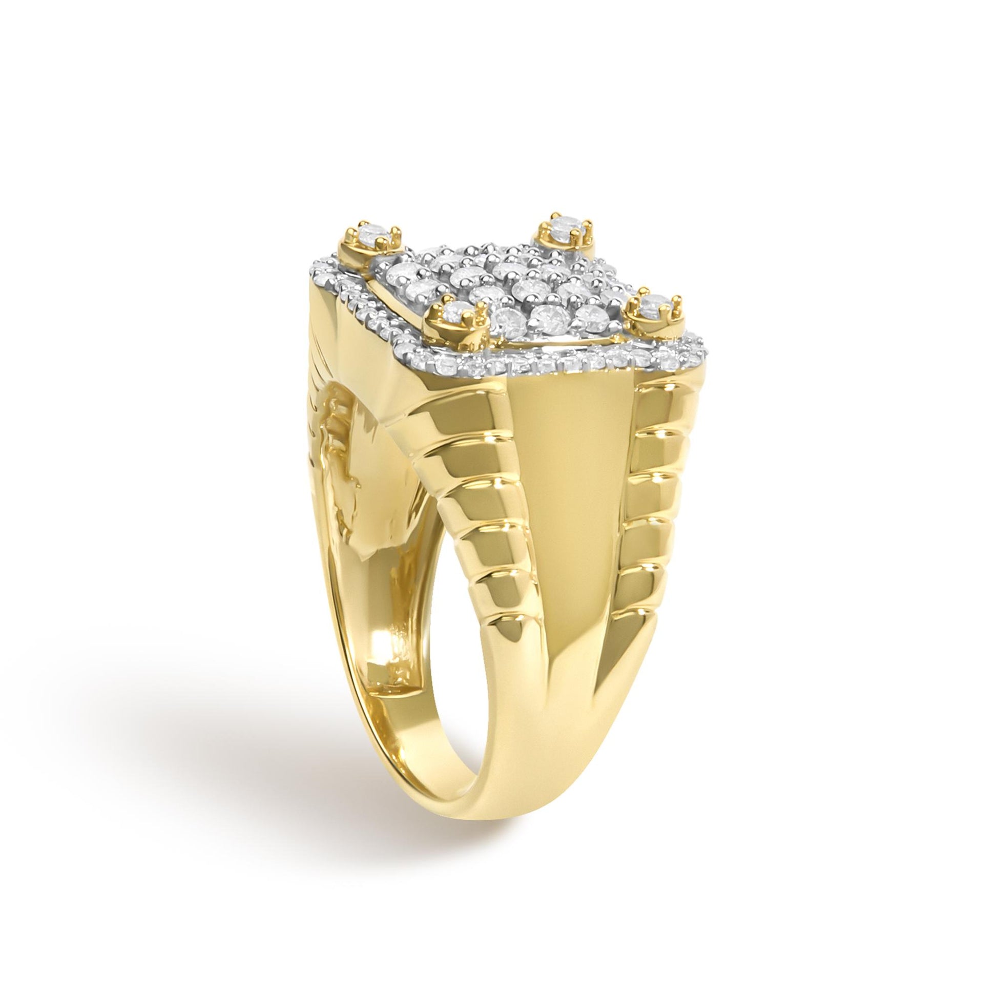 Close-up view of a yellow metal ring featuring a rectangular top adorned with multiple small round white gemstones in prong settings, with four larger round white gemstones at each corner.