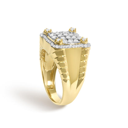 Close-up view of a yellow metal ring featuring a rectangular top adorned with multiple small round white gemstones in prong settings, with four larger round white gemstones at each corner.