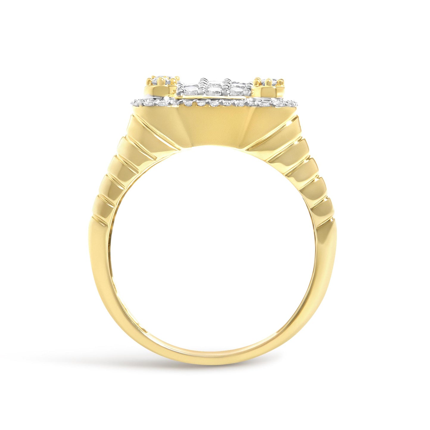 Close-up side angle of a yellow ring band featuring white round gemstones in prong settings on the top part, displayed on a white background.