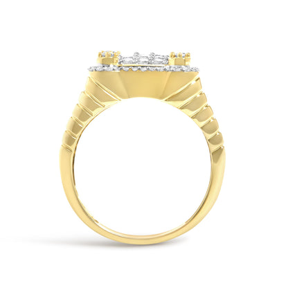 Close-up side angle of a yellow ring band featuring white round gemstones in prong settings on the top part, displayed on a white background.