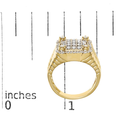 Close-up front angle of a yellow metal ring with multiple round white gemstones in prong settings, shown on a scale.