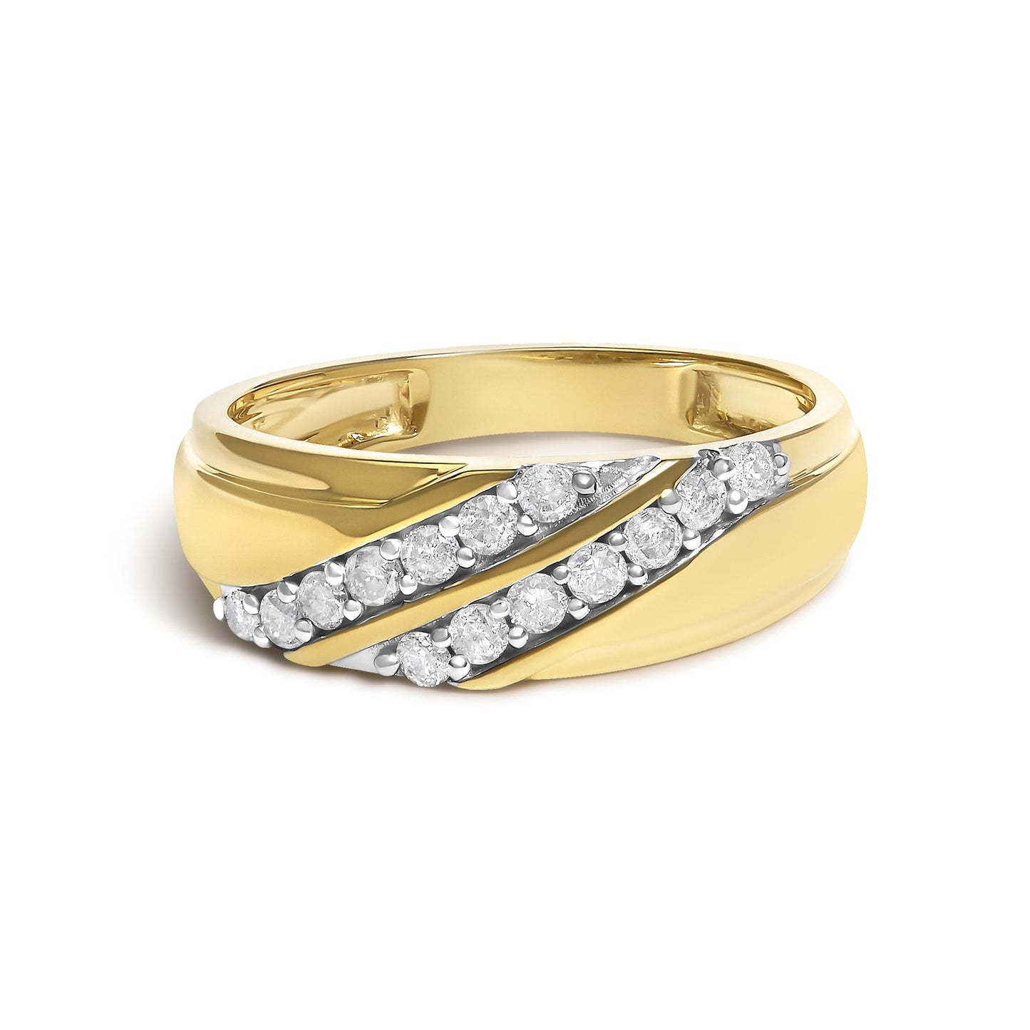 Close-up front angle of a yellow metal ring featuring two diagonal rows of round white gemstones set with prongs.