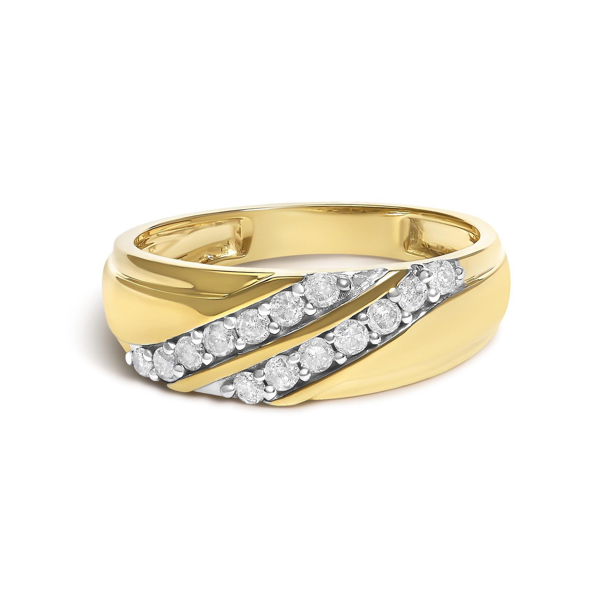 Close-up front angle of a yellow metal ring featuring two diagonal rows of round white gemstones set with prongs.