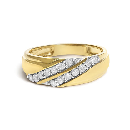 Close-up front angle of a yellow metal ring featuring two diagonal rows of round white gemstones set with prongs.