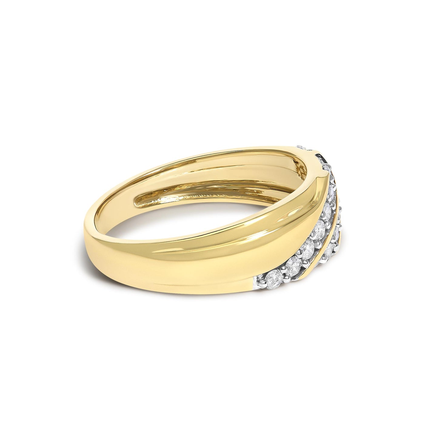 Close-up front angle of a yellow ring featuring two rows of round white gemstones in prong settings along the band, shown on a white background.
